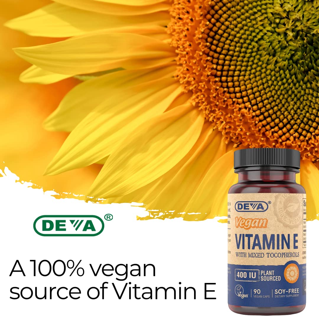 DEVA Vegan Vitamins Natural Vitamin E 400IU with Mixed Tocopherols, Supports Immune System & Skin Nutrition, Natural Antioxidant & Gluten Free, Dairy Free, Non-GMO, 90 Capsules