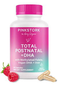 Thumbnail for Pink Stork Total Postnatal Vitamins for Women | Vegan DHA, Iron, Folate, B12 | Postpartum Recovery Essentials | Lactation Support for Breastfeeding Moms | Third-Party Tested - 60 Capsules, Berry
