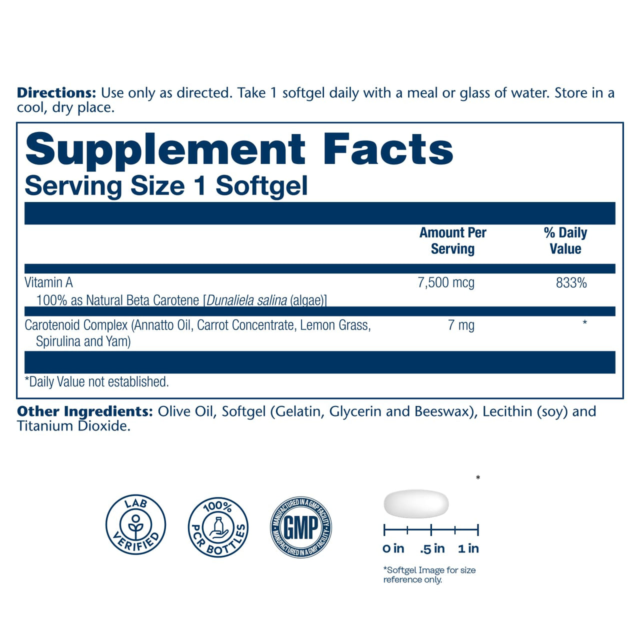 SOLARAY Food Carotene 7500mcg (25000 IU) - Beta Carotene Vitamin A Supplement - Wellness and Immune Support Supplement, Potent Eye Vitamins and Skin Food, Plant Sourced, 60-Day Guarantee, 100 Softgels