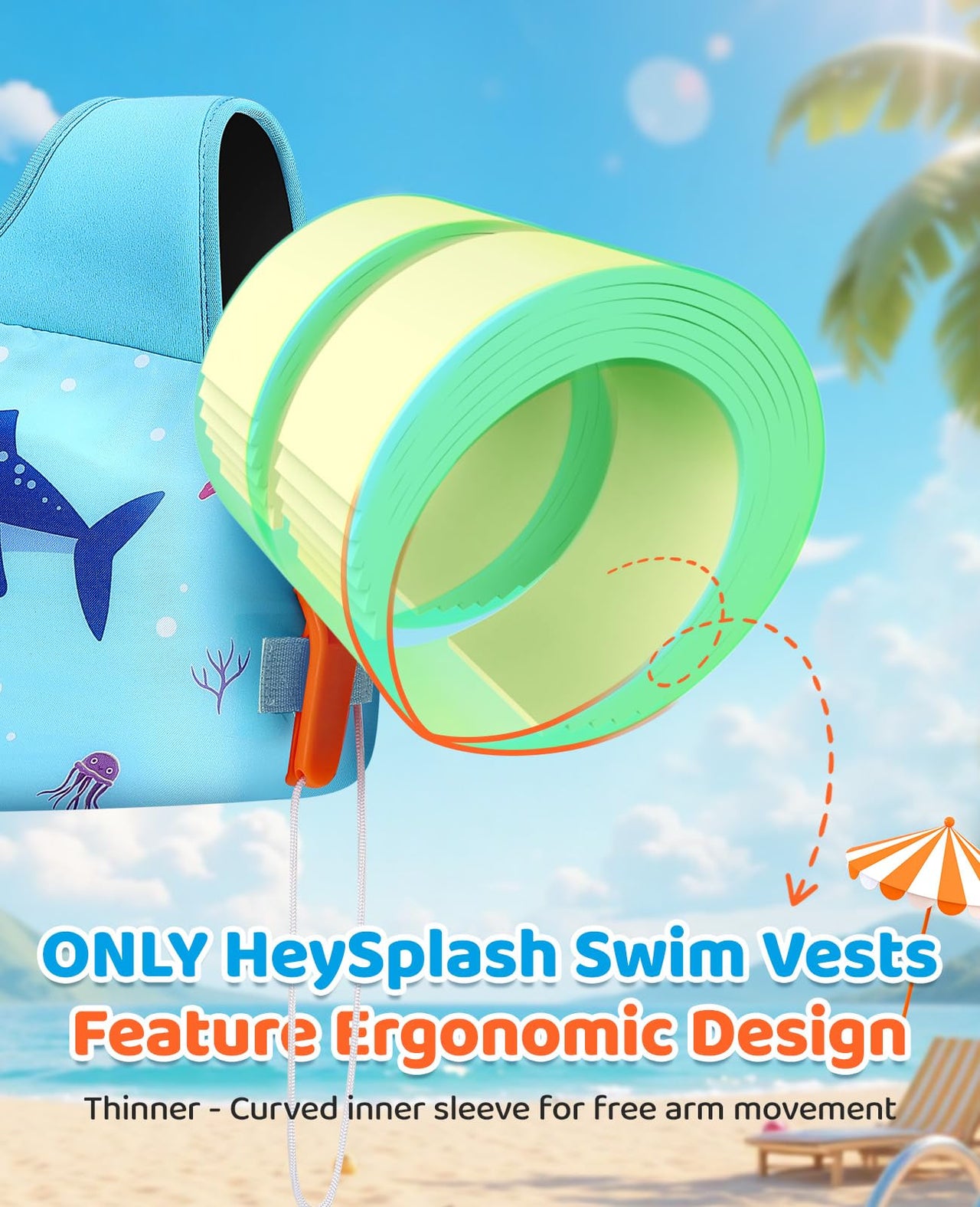 HeySplash Swim Vest for Kids, Toddler Pool Floaties Fit 33-66 Lbs, Children Swimming Vest with Adjustable Strap, Swim Jacket Water Wing Arm Float, Puddle Beach Boat Jumper Boy Girl,Blue Shark
