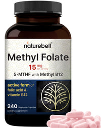 Thumbnail for NatureBell L Methylfolate 15mg, 240 Veggie Capsules | 5-MTHF with Methyl B12 1,000mcg | High Potency Dual Action for Energy & Cognitive Support, Active Folic Acid – Methyl Folate Supplement