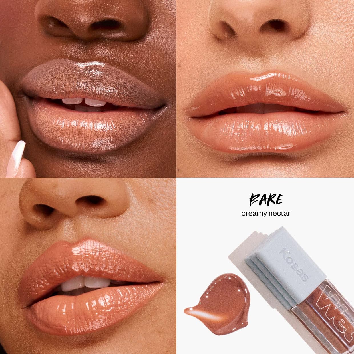 Kosas Wet Lip Oil Gloss - Hydrating Lip Plumping Treatment with Hyaluronic Acid & Peptides (Bare)