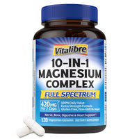 Thumbnail for Vitalibre 10 in 1 Magnesium Complex, 420mg Elemental Magnesium | Ultra Strength, Max Absorption | Chelated Magnesium Supplement for Nerves, Bone & Heart Health | Non-GMO, 120 Vegan Capsules