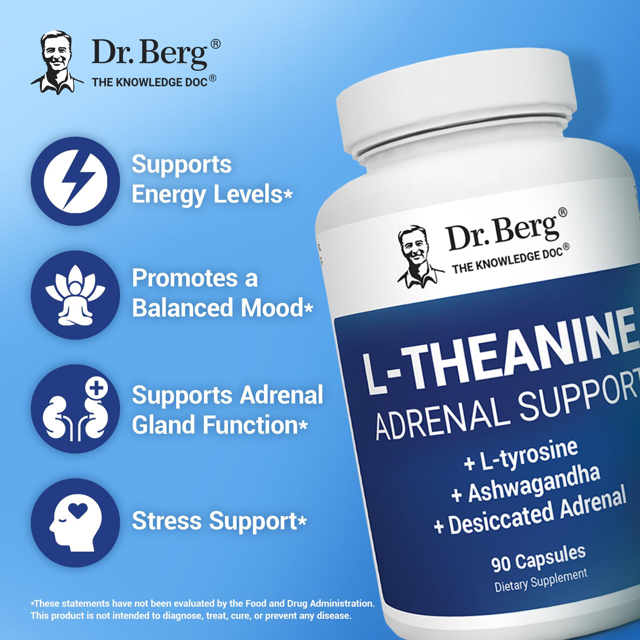 Dr. Berg 200 mg L-Theanine Adrenal Support - 90 Capsules with Ashwagandha & L-Tyrosine, Zinc & Manganese - Advanced 9-in-1 Adaptogen & Mineral Formula - No Fillers*