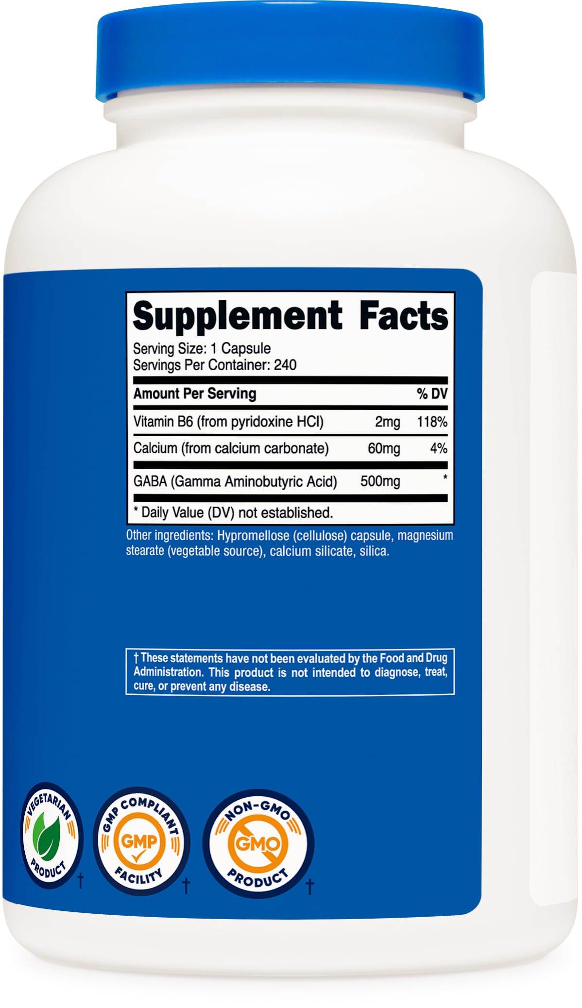 Nutricost GABA (Gamma Aminobutyric Acid) + Vitamin B6, 500mg per Serving, 240 Capsules