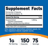 Thumbnail for Nutricost Guarana 1000mg Serving, 150 Vegetarian Capsules - Natural Herbal Brazilian Caffeine Energizer Supplement