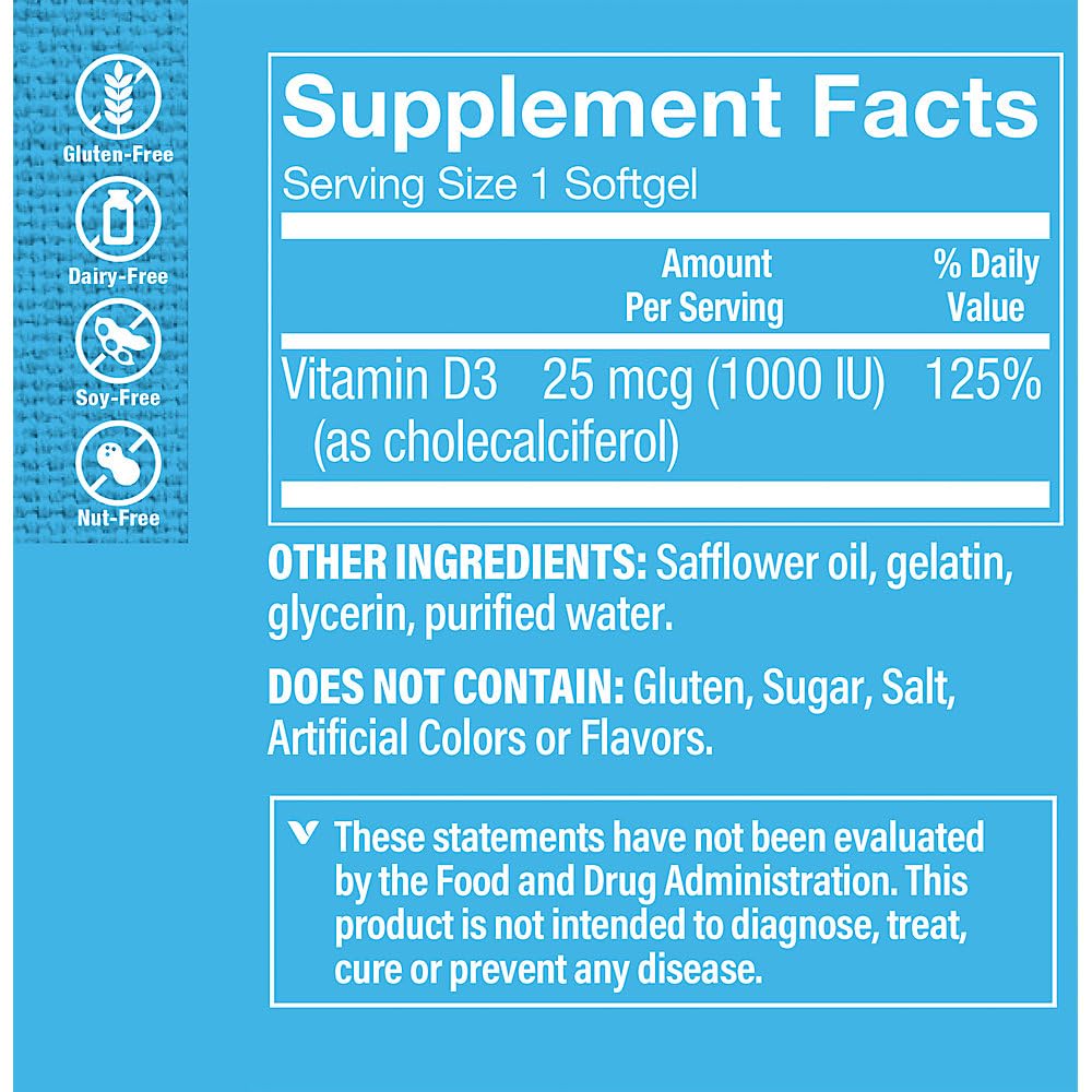 The Vitamin Shoppe Vitamin D3 1000IU - Bone Immune & Cellular Health | Cholecalciferol Softgels | 200 Softgels | Gluten-Free