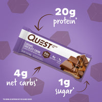 Thumbnail for Quest Nutrition Caramel Chocolate Chunk Protein Bar, 20g Protein, 1g Sugar, 4g Net Carbs, Gluten Free, Keto Friendly, 12 Count