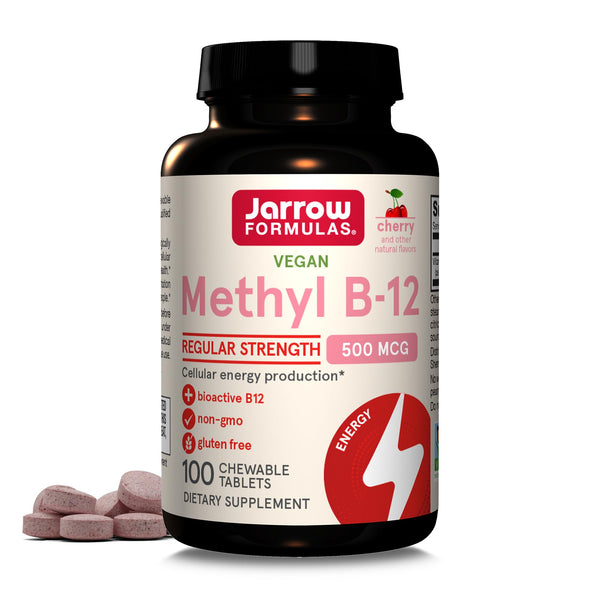 Jarrow Formulas® Methyl B-12 Tablets, 500 mg, Dietary Supplement for Cellular Energy Production and Brain Health Support, 100 Cherry Flavor Chewable Tablets, 100 Day Supply