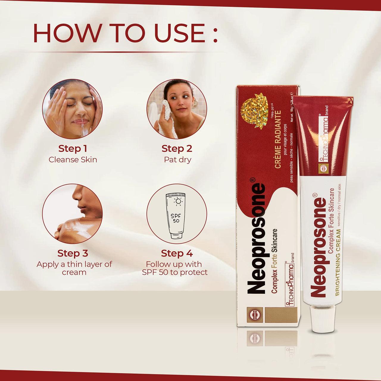 Neoprosone, Skin Brightening Cream | 1.7 Fl oz / 50 ml | Fade Dark Spots on: Face, Elbows, Knees, Body | with Alpha Arbutin, Lactic Acid, Castor Oil