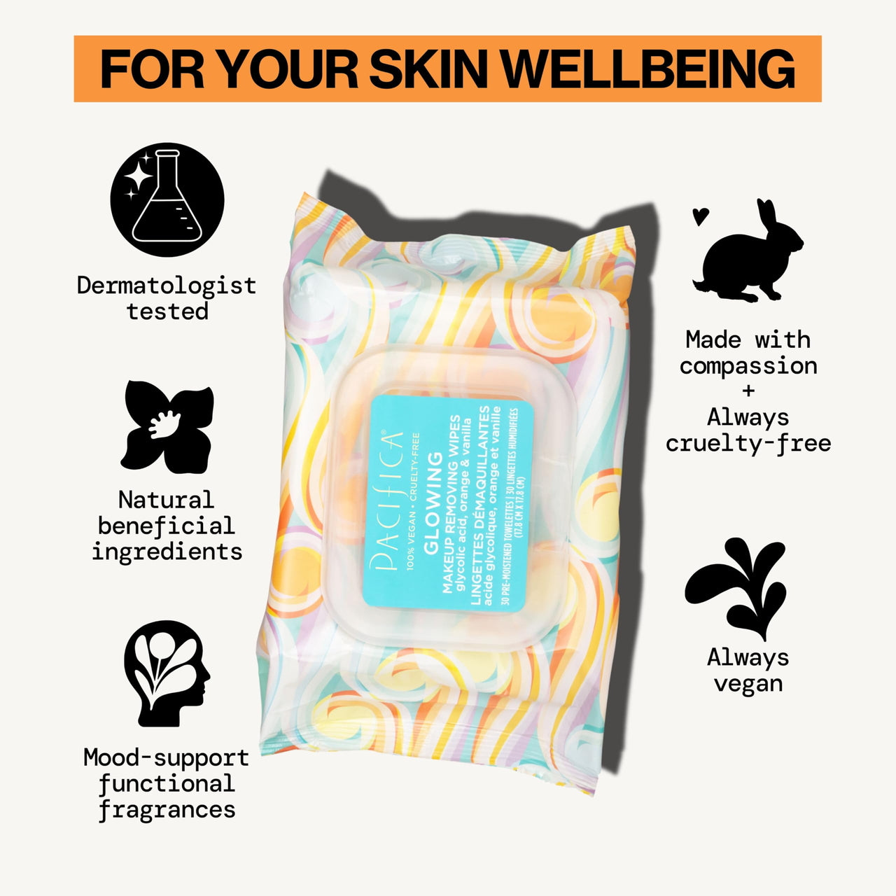 Pacifica Glowing Makeup Remover Wipes – With Glycolic Acid for AHA Exfoliating and Facial Cleansing – No Rinse Face Cleaning Towelettes – Dermatologist Tested, Vegan & Cruelty-Free – 30 Pack