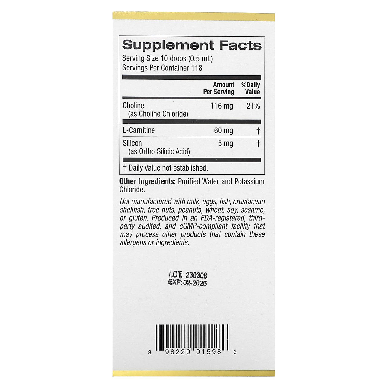 California Gold Nutrition Choline Silica Complex, Bioavailable & Stabilized Silicon with Choline & L-Carnitine, 2 fl oz (59 ml)