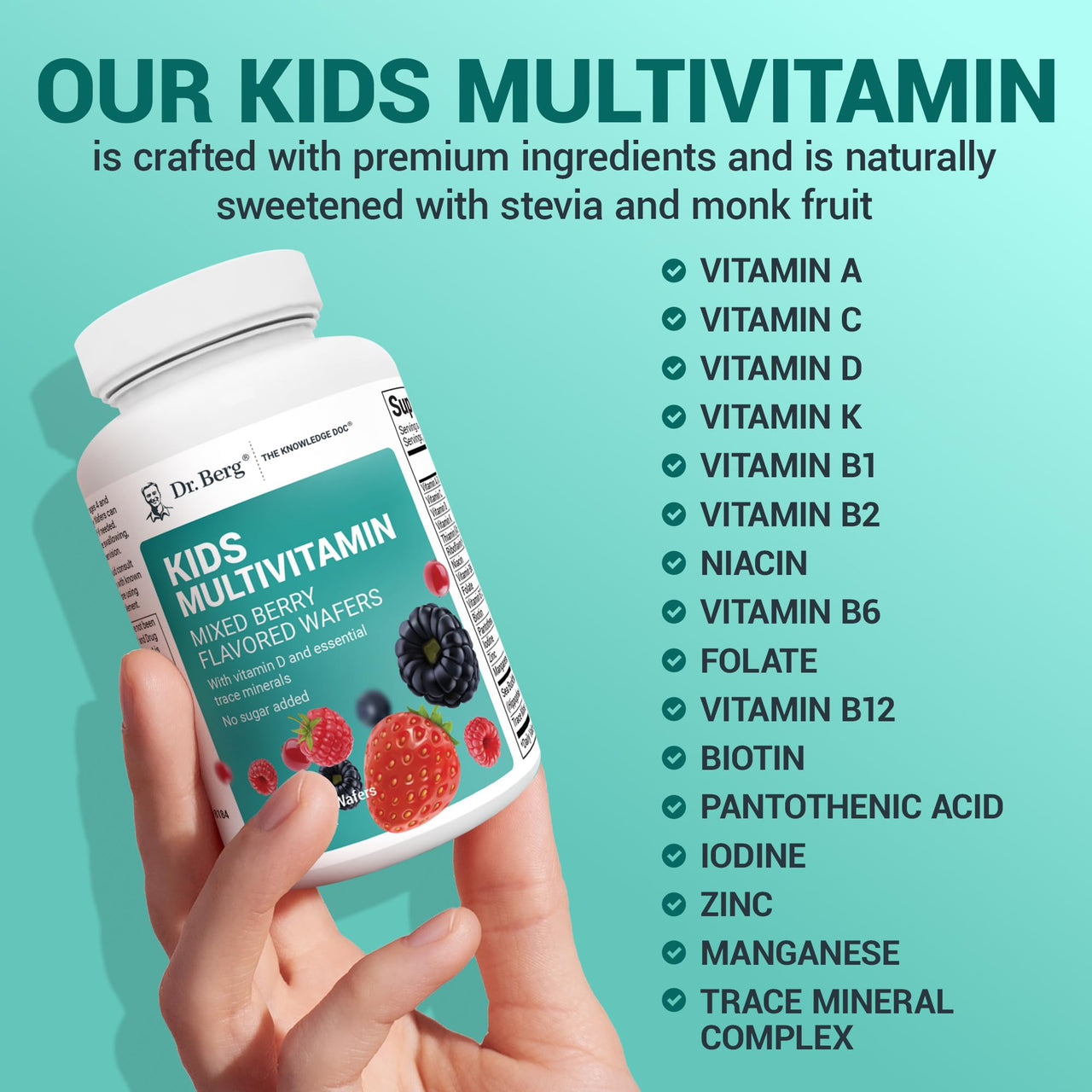 Dr. Berg Kids Chewable Multivitamins (NOT Sweetened w/Sugar) - Daily Multivitamin for Kids That Includes 20 Nutrients & Trace Mineral Complex - Mixed Berry Chewable Vitamins for Kid - Brown Wafers