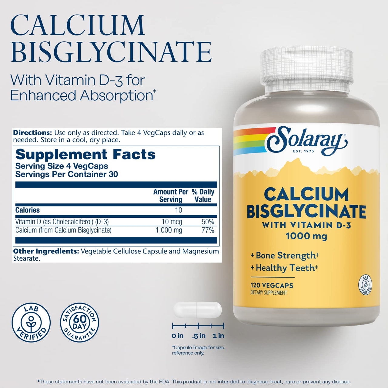 SOLARAY Calcium Bisglycinate Supplement 1000 mg for Women & Men - Calcium with Vitamin D3, Bone Strength & Teeth Health Support, Chelated Capsules, Easy to Digest - 120 Veg Cap Count