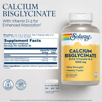 Thumbnail for SOLARAY Calcium Bisglycinate Supplement 1000 mg for Women & Men - Calcium with Vitamin D3, Bone Strength & Teeth Health Support, Chelated Capsules, Easy to Digest - 120 Veg Cap Count