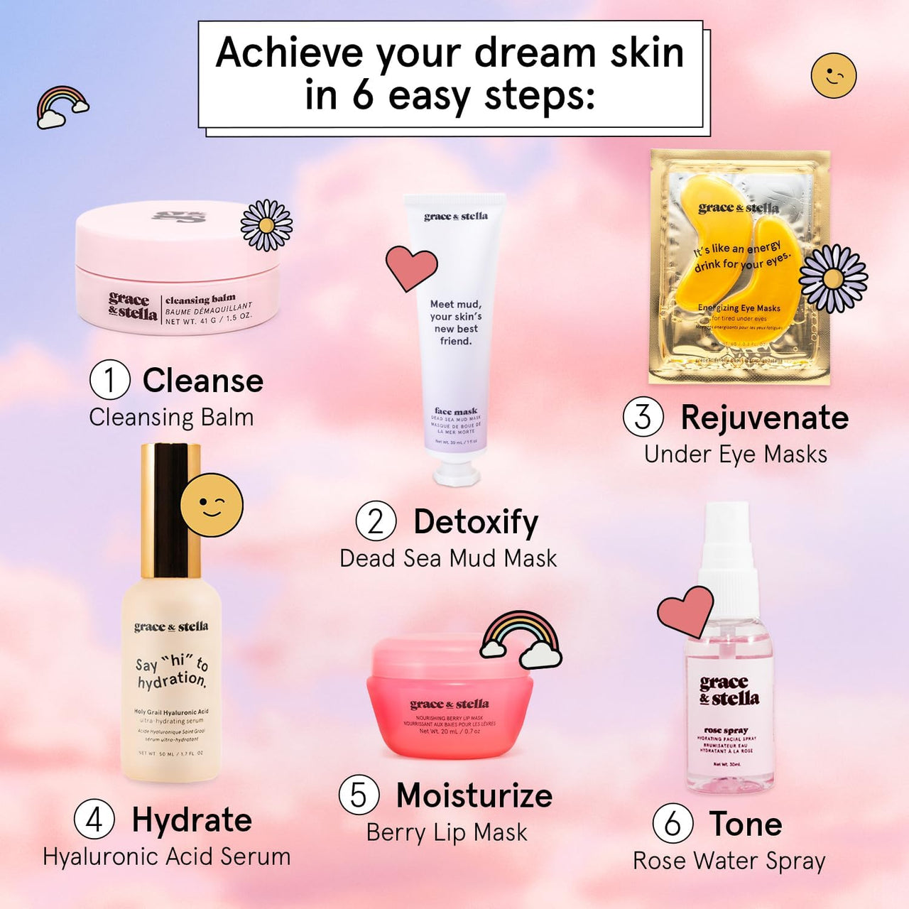 grace & stella Award Winning Skin Care Set - Birthday Gifts for Her, Travel Size Toiletries with Eye Masks, Hyaluronic Acid Serum, Lip Balm & More, Gift Baskets for Women, Vegan Cruelty-Free Self Care