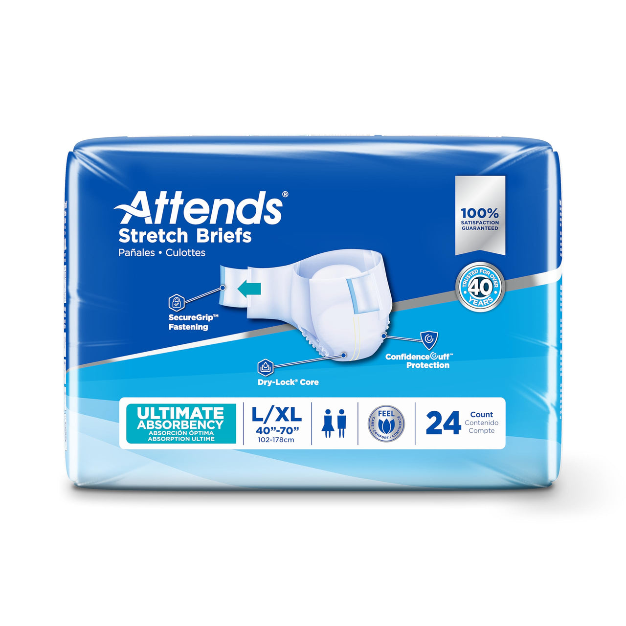 Attends Stretch Adult Incontinence Disposable Briefs, Large/X-Large, 40"-70" Waist with SecureGrip Tab Closure, Ultimate Absorbency with Dry-Lock Containment Core and Breathable Side Panels, 24ct Bag