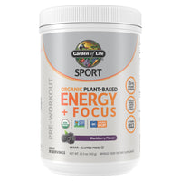 Thumbnail for Garden of Life Sport Organic Plant Based Energy + Focus Clean Pre Workout Powder, with 85mg Caffeine, Natural No Booster, B12, Vegan, Gluten Free, Non-GMO, BlackBerry, 15.3 Oz