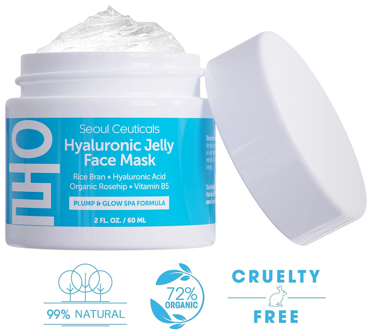 SeoulCeuticals Korean Skin Care Hyaluronic Acid Jelly Face Mask – Rice Bran + Vit B5 + Rosehip Anti Aging K Beauty Skincare for Plump Glowing Skin 2oz