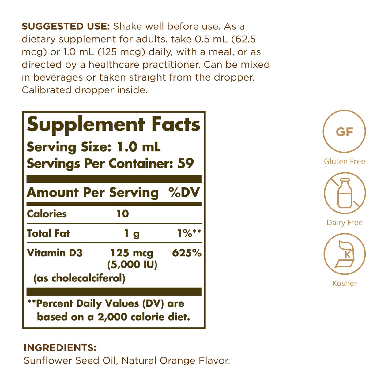 Solgar Liquid Vitamin D3 125 mcg (5,000 IU) - 2 fl oz - Delicious, Natural Orange Flavor - Helps Maintain Healthy Bones & Teeth - Immune System Support - Gluten Free, Dairy Free, Kosher - 59 Servings