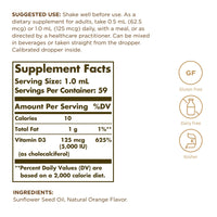 Thumbnail for Solgar Liquid Vitamin D3 125 mcg (5,000 IU) - 2 fl oz - Delicious, Natural Orange Flavor - Helps Maintain Healthy Bones & Teeth - Immune System Support - Gluten Free, Dairy Free, Kosher - 59 Servings