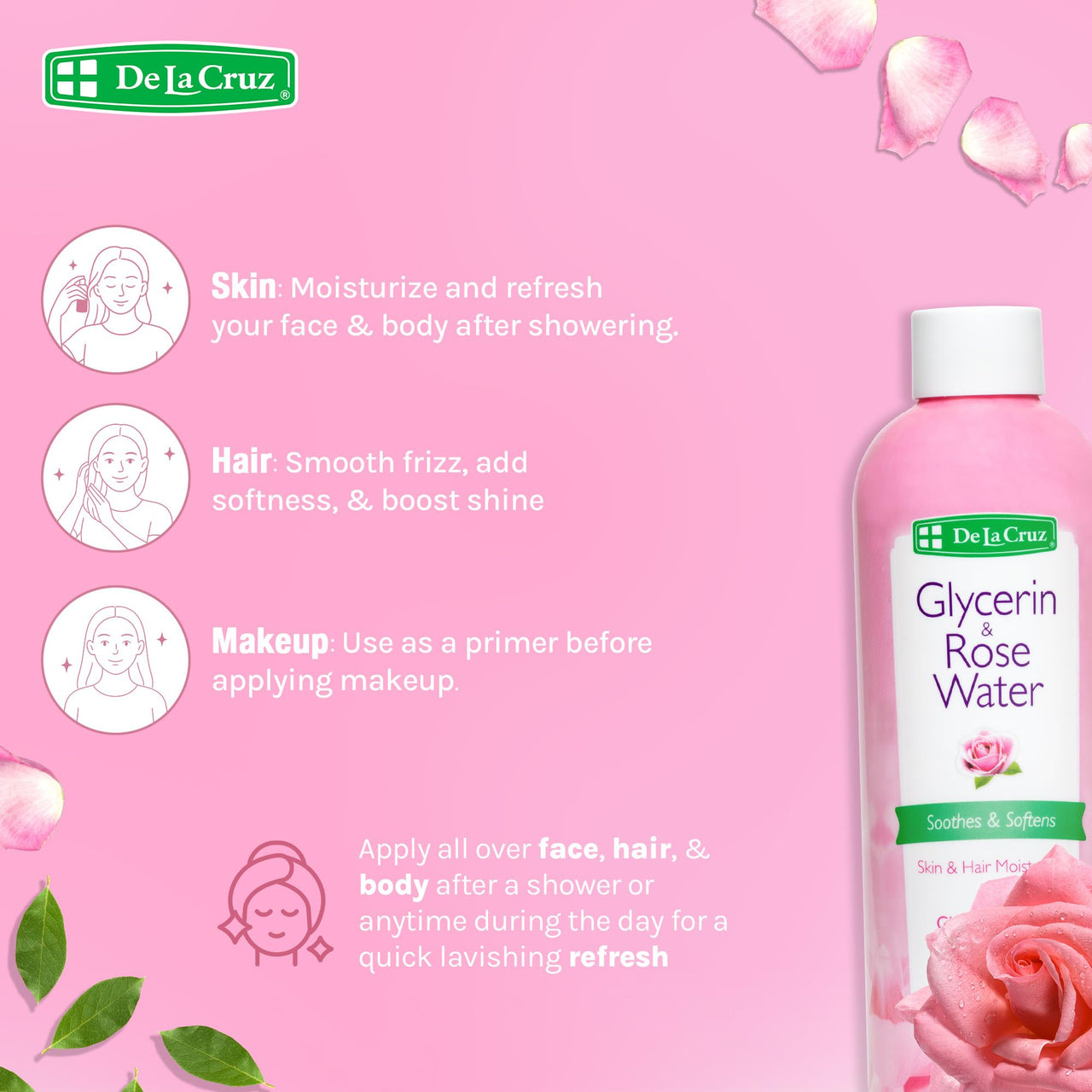 De La Cruz Rose Water and Glycerin for Face - Rosewater Facial Toner and Moisturizer for Skin and Hair 8 fl oz (236 mL)
