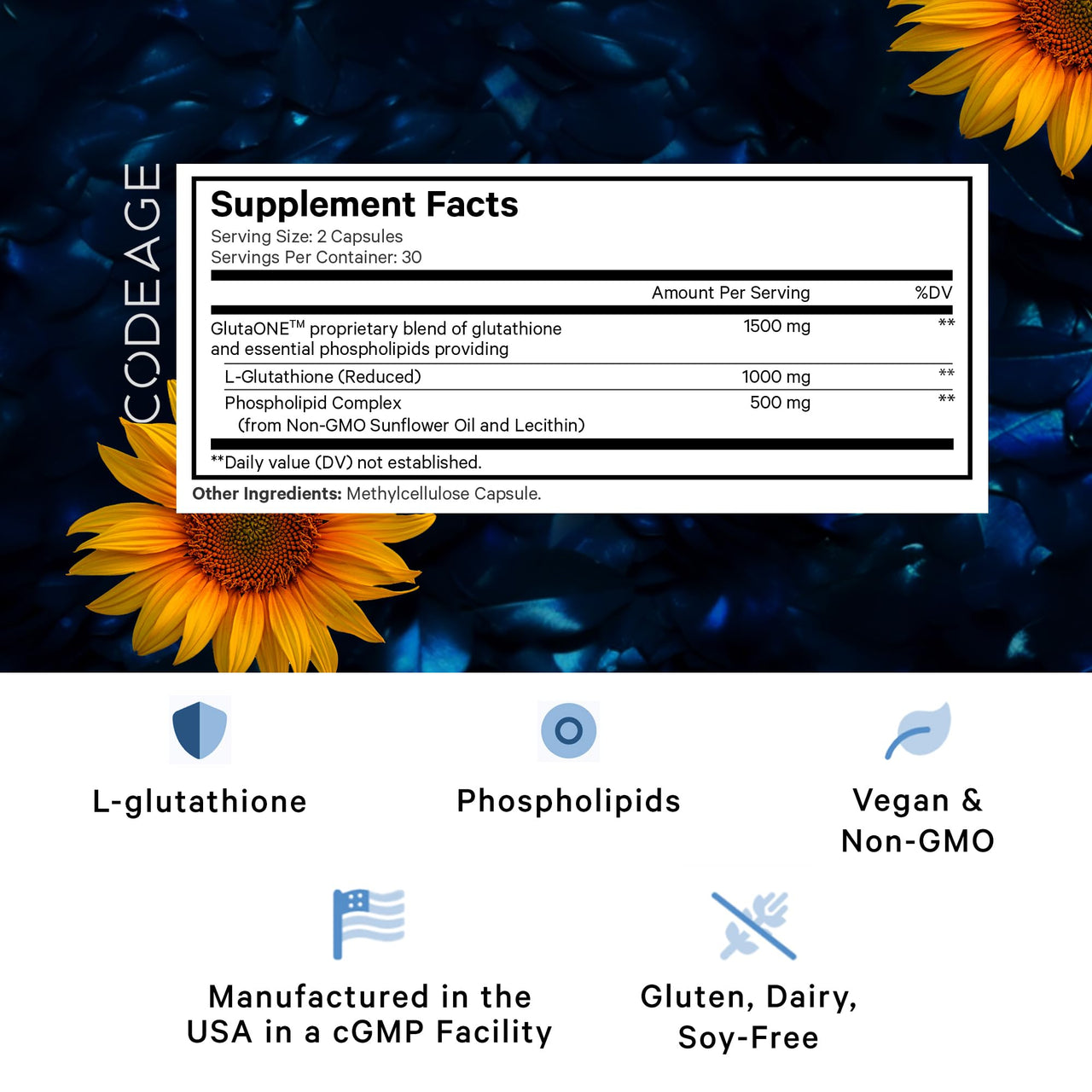 Codeage Liposomal Glutathione 1000 mg Supplement, High-Potency Reduced L-Glutathione - Liposomal Delivery - Phospholipids - Non-GMO, Gluten-Free - 60 Capsules