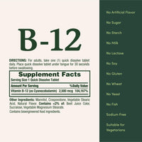 Thumbnail for Nature’s Bounty Vitamin B12 2500 mcg, Cellular Energy Support, for Energy Metabolism, Heart & Nervous System Health, 75 Quick Dissolve Tablets