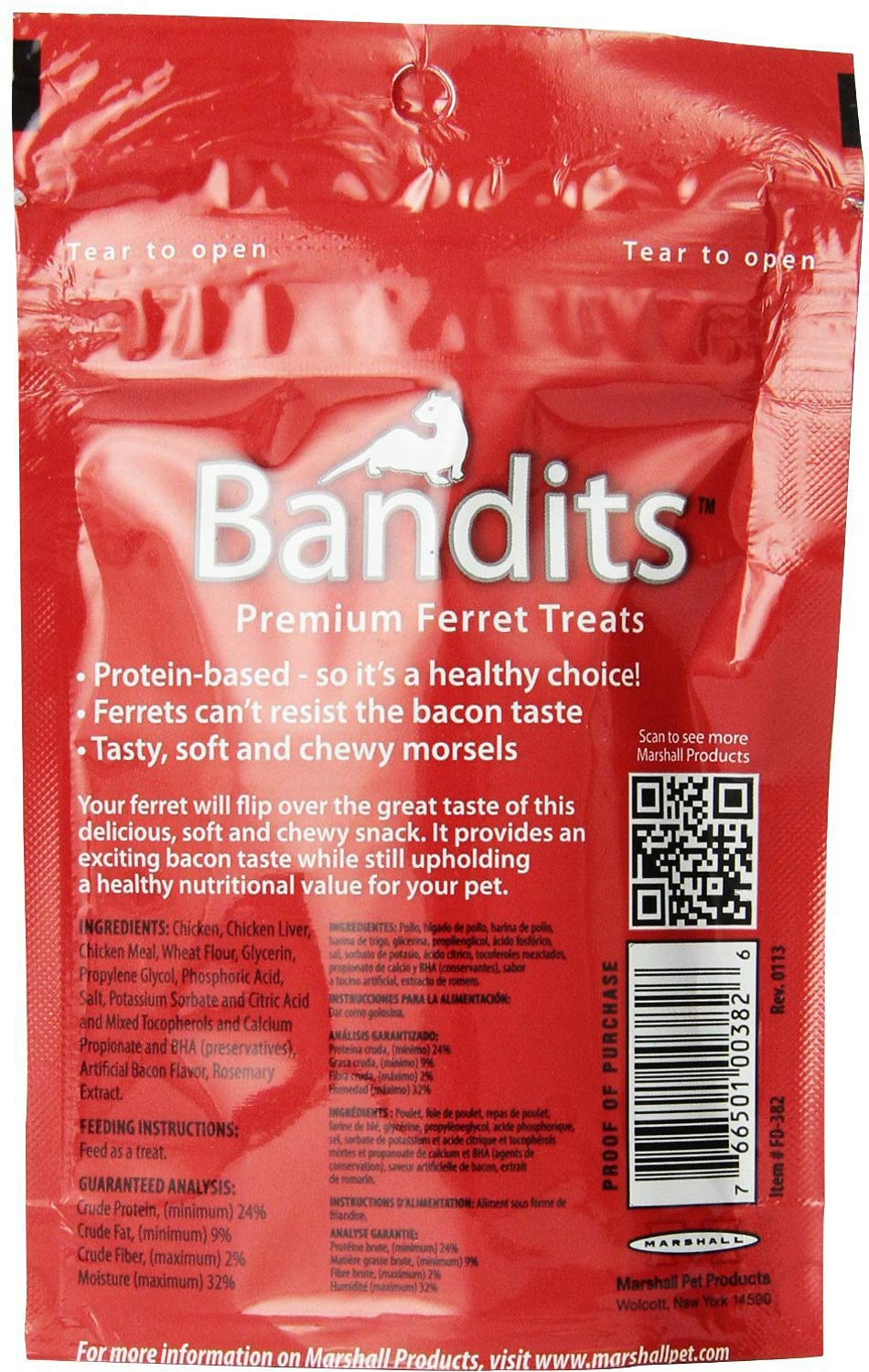 Marshall Bandits Ferret Treat Meaty Bacon 1.875lbs (10 x 3oz)