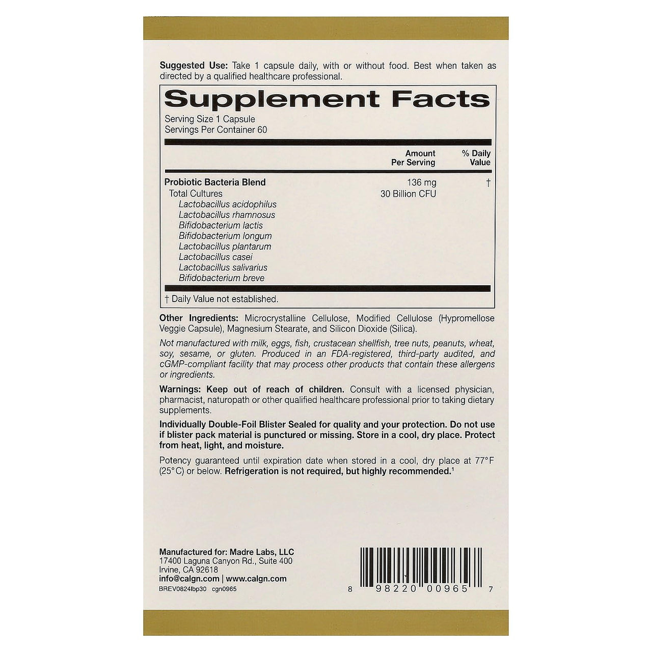 California Gold Nutrition LactoBif® 30 Probiotics, 30 Billion CFU, 60 Veggie Capsules
