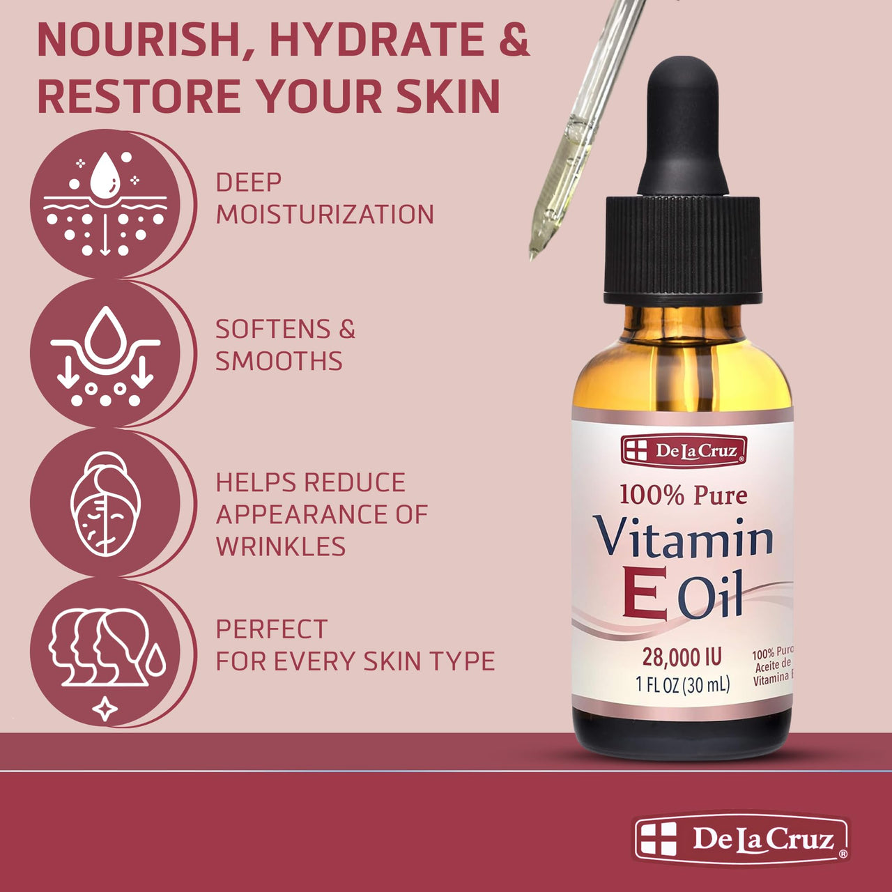 De La Cruz Vitamin E Oil for Face 28,000 IU - No Preservatives, Artificial Colors or Fragrances, Made in USA 1 FL. OZ.