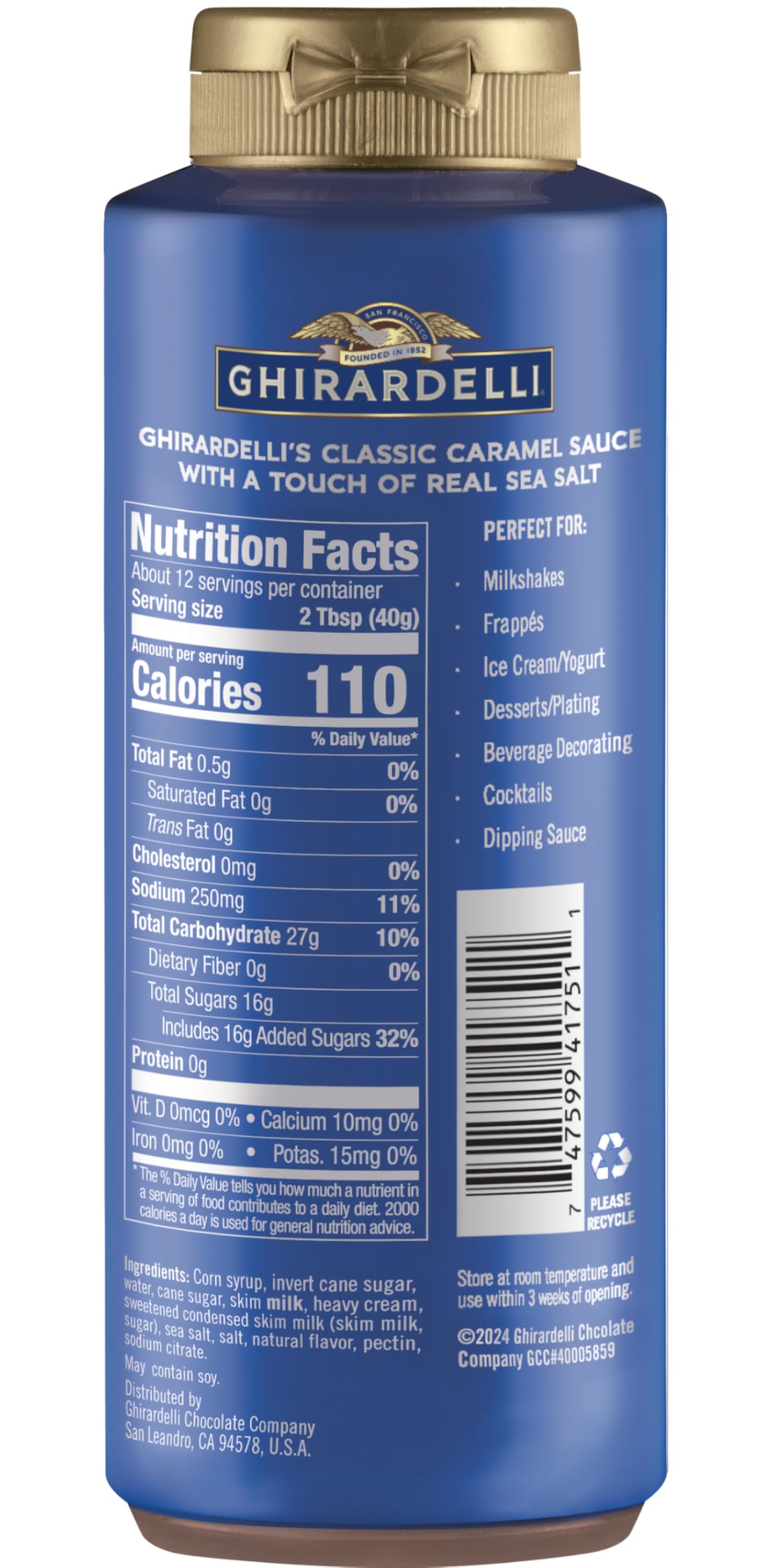 Ghirardelli Chocolate, Caramel, White Chocolate and Sea Salt Caramel Flavored Sauce 16 oz Bottles (Pack of 4) with Ghirardelli Stamped Barista Spoon