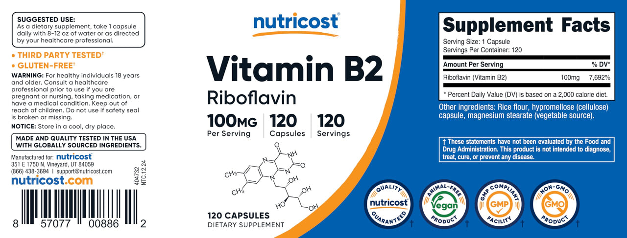 Nutricost Vitamin B2 (Riboflavin) 100mg, 120 Capsules - Gluten Free and Non-GMO