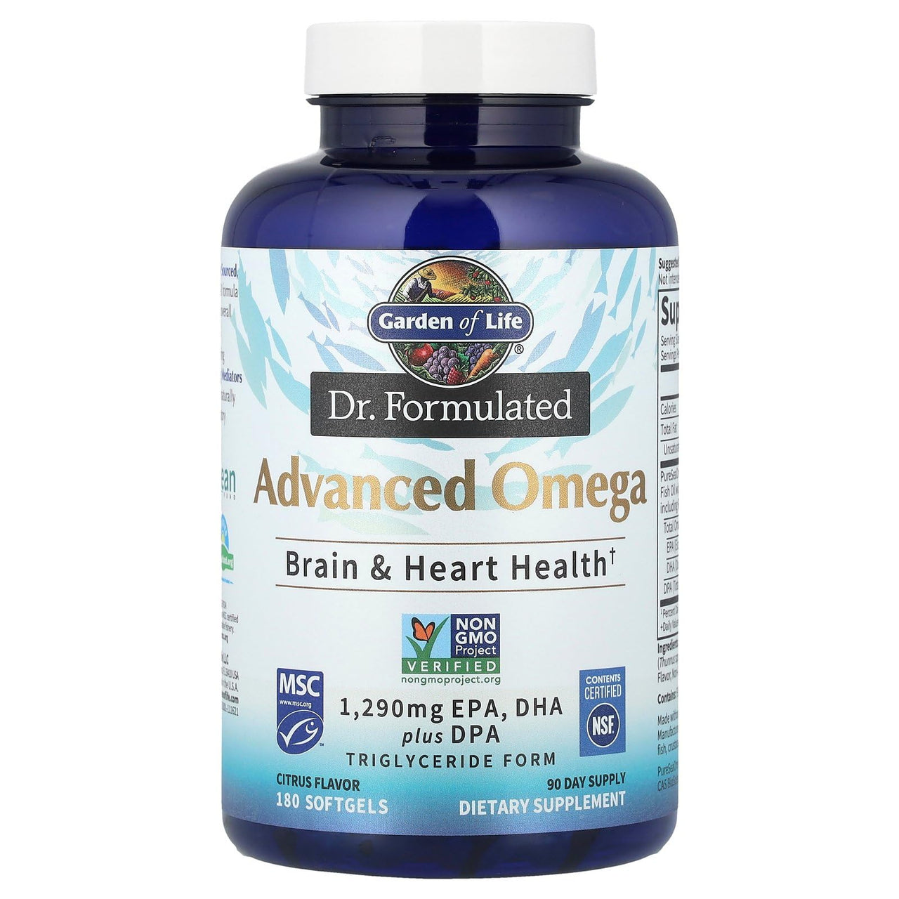 Garden of Life Dr. Formulated Advanced Omega Fish Oil, 1,290mg EPA DHA & DPA in Triglyceride Form - Omega 3 Fish Oil Supplement for Heart Health & Brain Support, Non-GMO, Citrus Flavored, 180 Softgels