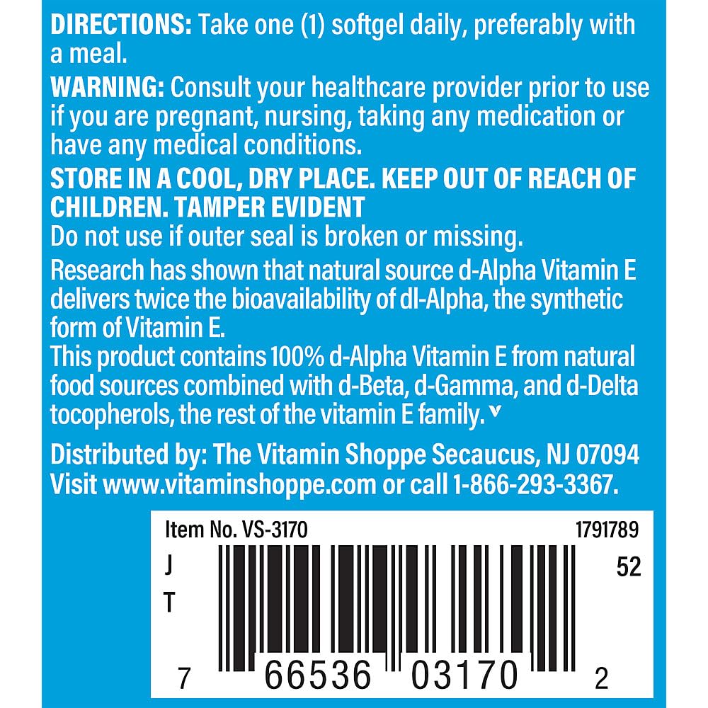 The Vitamin Shoppe Vitamin E 400IU - Antioxidant Support for Skin Health & Immune Function, Daily Vitamin (60 Softgels)