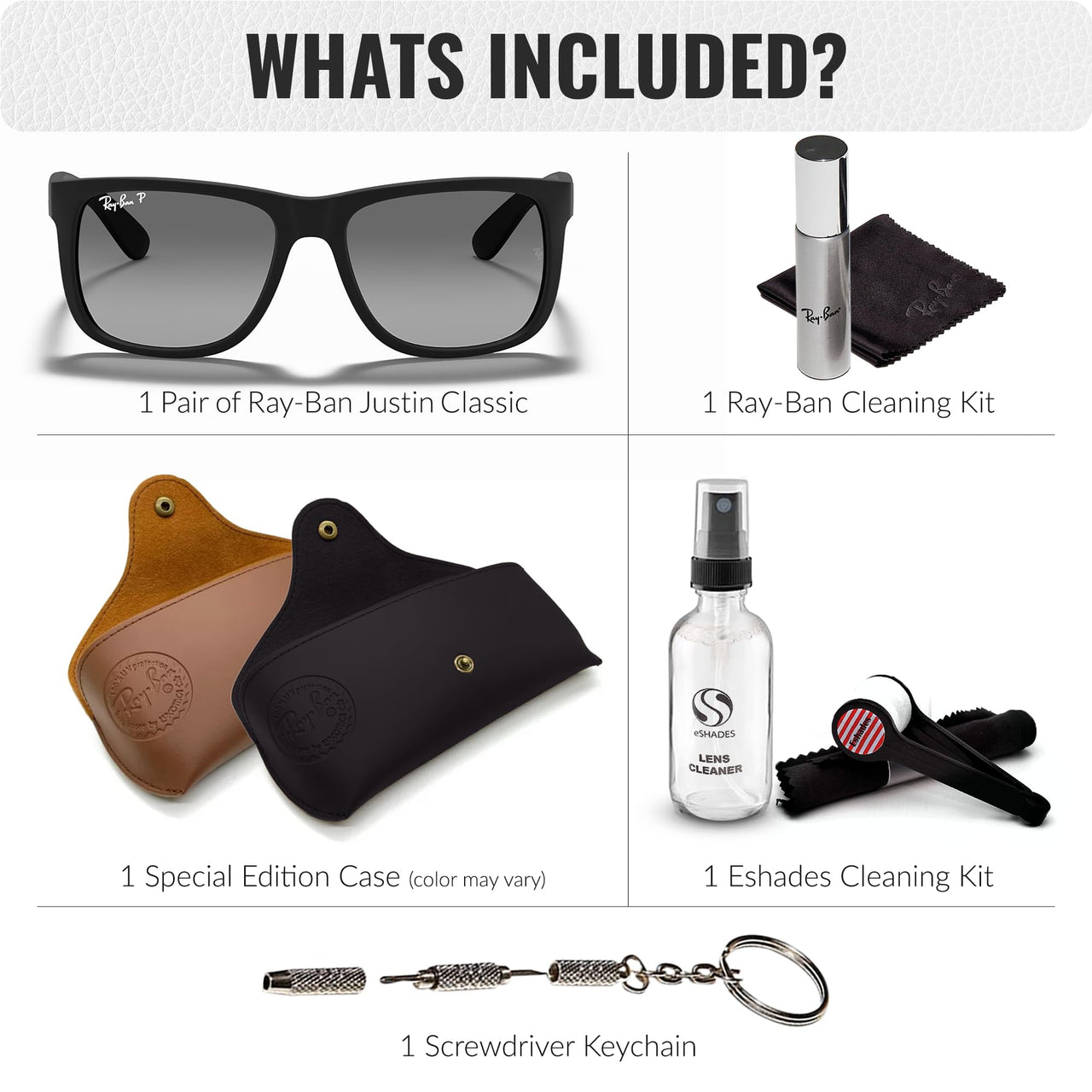 Ray-Ban RB4165 JUSTIN Polarized Square Shape Sunglasses With Eyewear Kit Bundle - Low Bridge Fit - Ideal Formal and Casual Wear Square Sunglasses