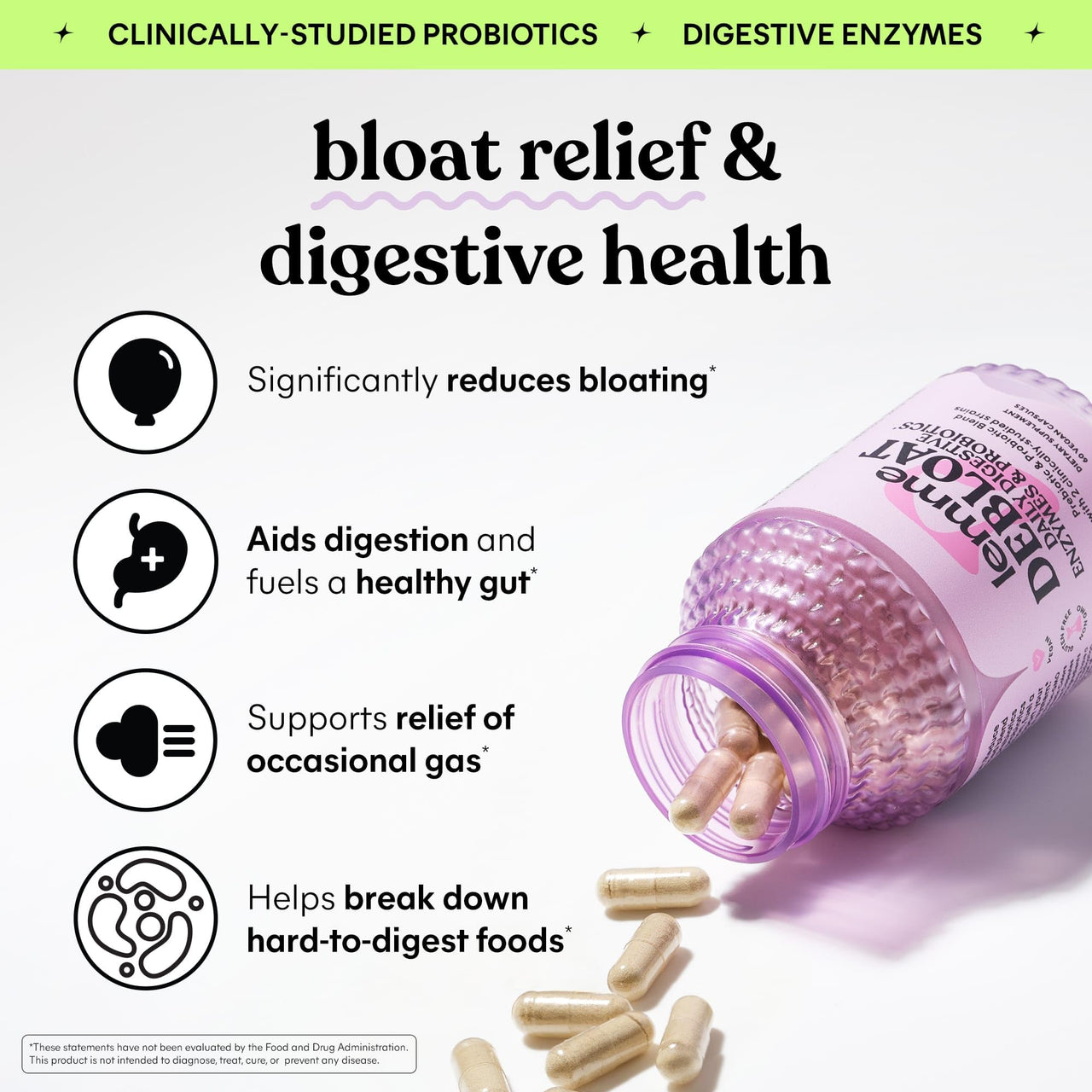 Lemme Debloat 3-in-1 Prebiotic, Probiotic & Digestive Enzyme Capsules for Bloating & Gas Relief - 2 Clinically Studied Probiotics w/5 Digestive Enzymes to Improve Digestion, Women & Men, (60 Count)