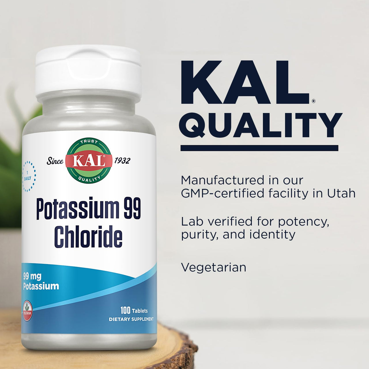 KAL Potassium 99 Chloride - 99 mg Potassium Chloride Supplement Pills, Electrolytes Tablets for Overall Health for Women and Men - 100 Tablets