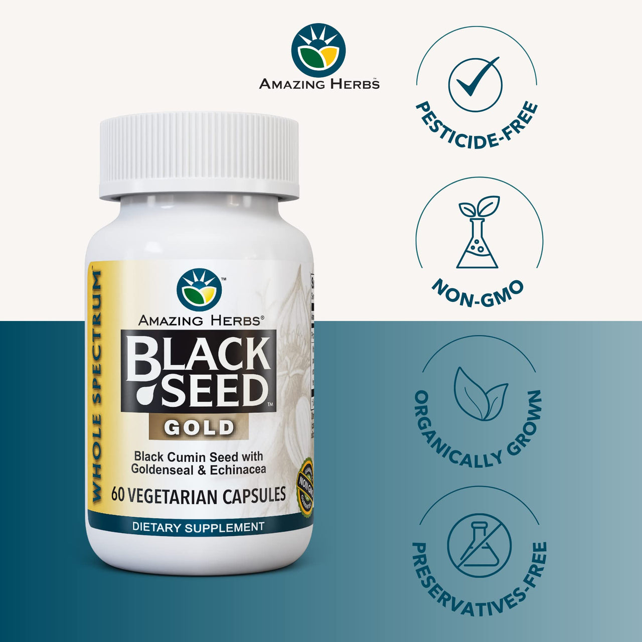 Amazing Herbs Whole Spectrum Black Seed Gold - Black Cumin Seed with Goldenseal & Echinacea, Gluten-Free & Non-GMO, Immune Support, Promotes Health & Wellness - 60 Count