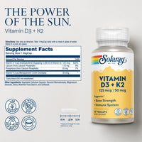Thumbnail for SOLARAY Vitamin D3 K2 - Bone Health and Immune Support Supplement - with 5000 IU Vitamin D as VIT D3 and 50 mcg Vitamin K2 as Menoquinone MK7, Made Without Soy, 60-Day Guarantee, 60 Serv, 60 VegCaps