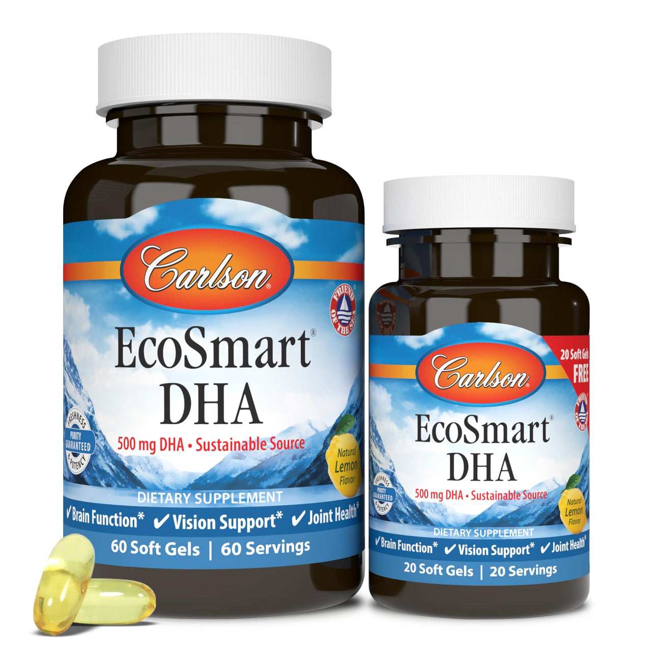 Carlson - EcoSmart DHA, 500 mg DHA, Sustainable Source, Healthy Vision & Brain Function, Lemon, 60+20 Softgels