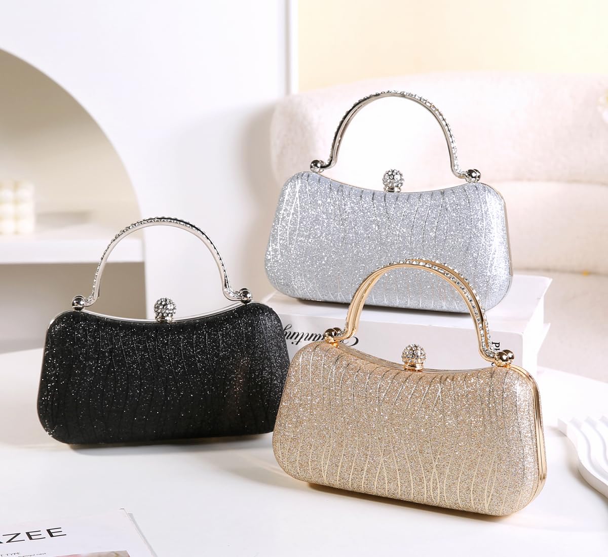 Covelin Evening Bag Sparkling Frosted Purses for Women Lady Shiny Party Elegant Handbag Wedding Bag with Chain Gold
