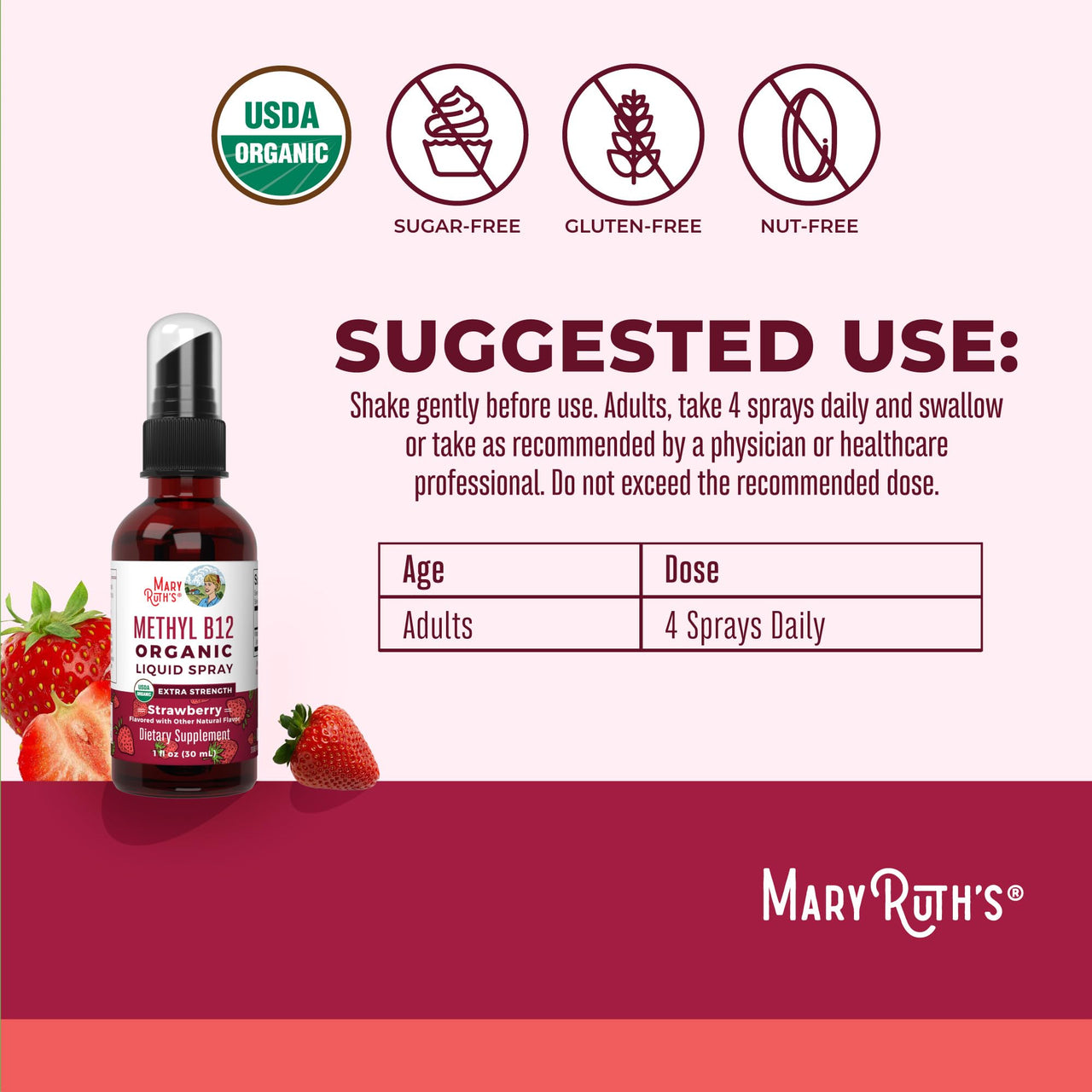 MaryRuth Organics Vitamin B12 Liquid Spray | Vegan, Non-GMO, Gluten-Free | USDA Organic Supplement | Energy & Nervous System Support | B12 Vitamins for Women & Men | 720 mcg | 1 Fl Oz