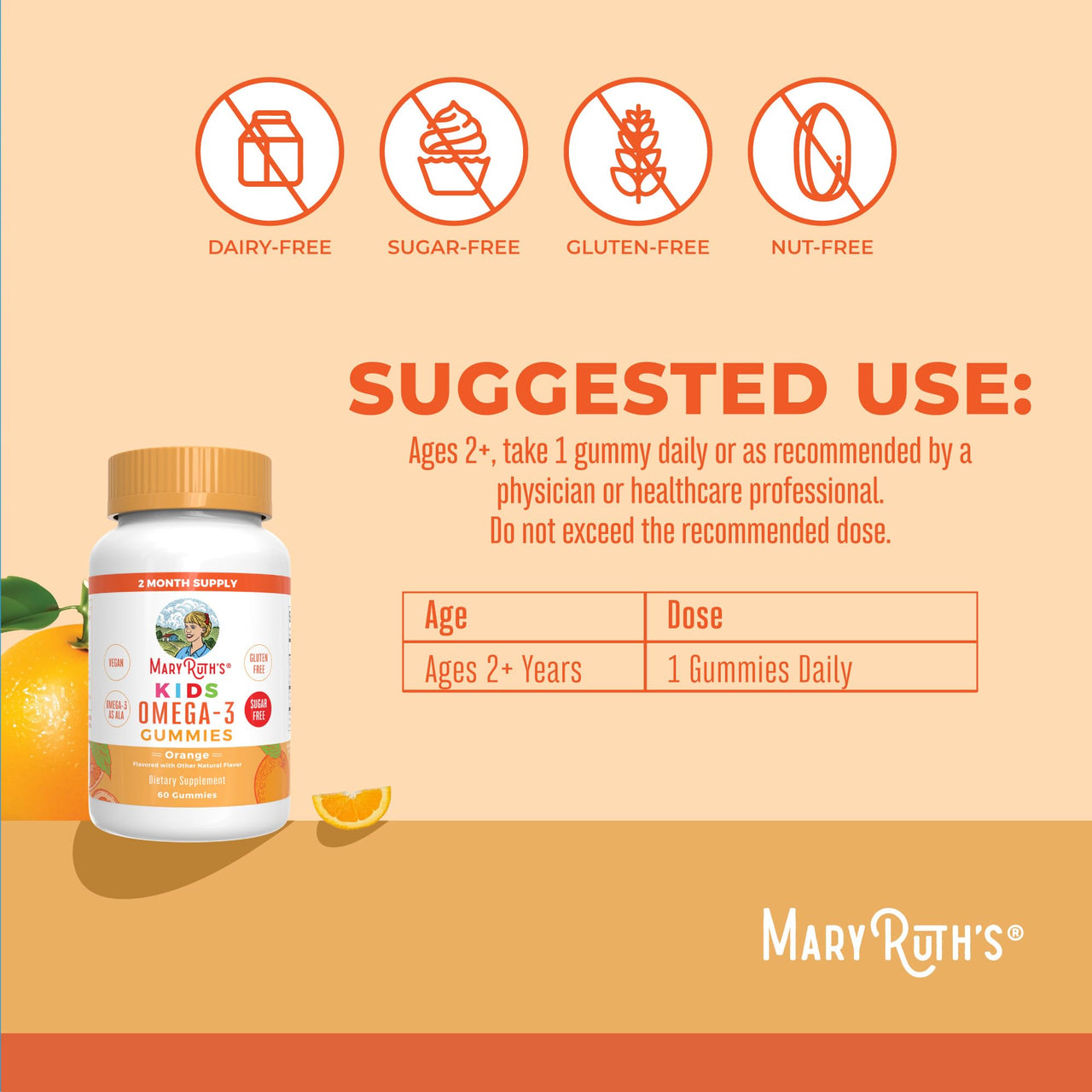 MaryRuth Organics Vegan Omega 3 Gummies for Kids 2+, 2 Month Supply, Sugar Free, Omega 3 Supplement with Vitamin C, Flaxseed Oil, Immune Support, Essential Nutrient ALA, No Fish Taste, 60 Count