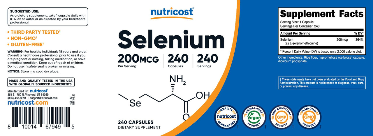 Nutricost Selenium 200mcg, 240 Vegetarian Capsules, Non-GMO, Gluten Free L-Selenomethionine