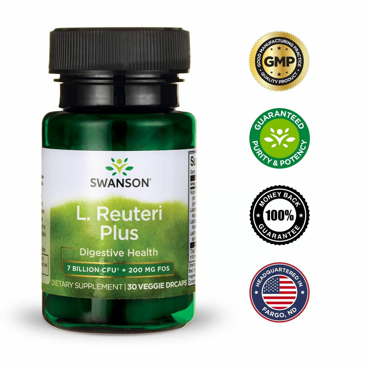 Swanson L. Reuteri Probiotic Plus w/L. Rhamnosus L. Acidophilus & FOS Prebiotic Digestive Support - Promotes Gut Health w/ 7 Billion CFU per Capsule - (30 Veggie Capsules) (2 Pack)