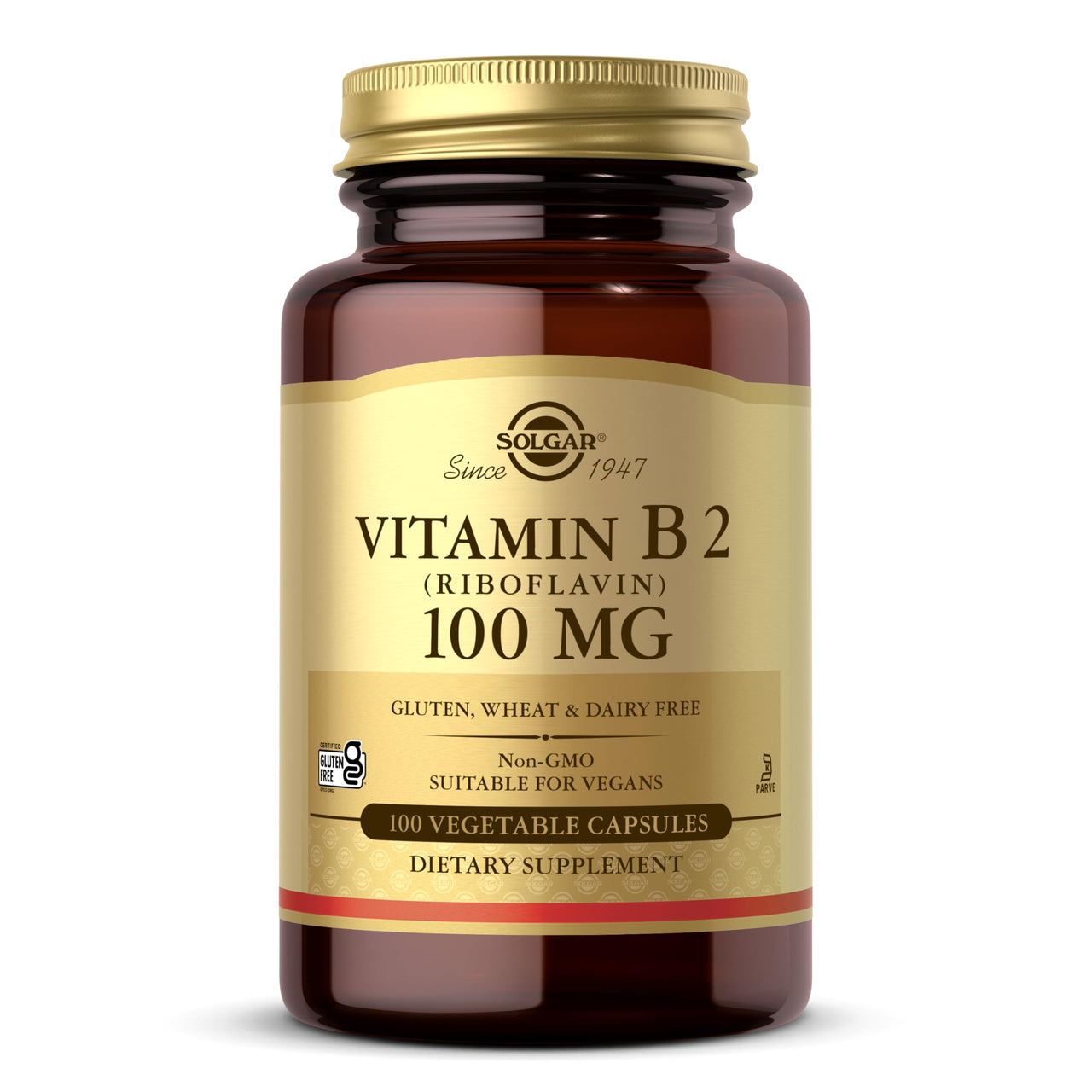 Solgar Vitamin B2 (Riboflavin) 100mg, 100 Vegetable Capsules - Energy Metabolism, Healthy Nervous System - Non-GMO, Vegan, Gluten Free, Dairy Free, Kosher - 100 Servings