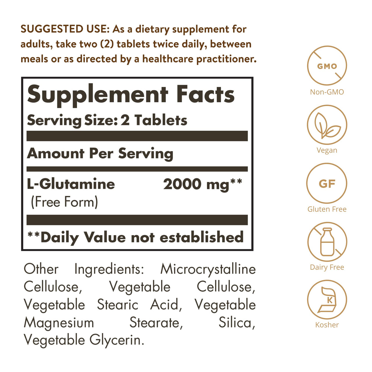 Solgar L-Glutamine 1000 mg, 60 Tablets - Natural Muscle Food - Promotes Gastrointestinal (GI) Health - Supports Brain Health - Non-GMO, Vegan, Gluten Free, Kosher - 30 Servings