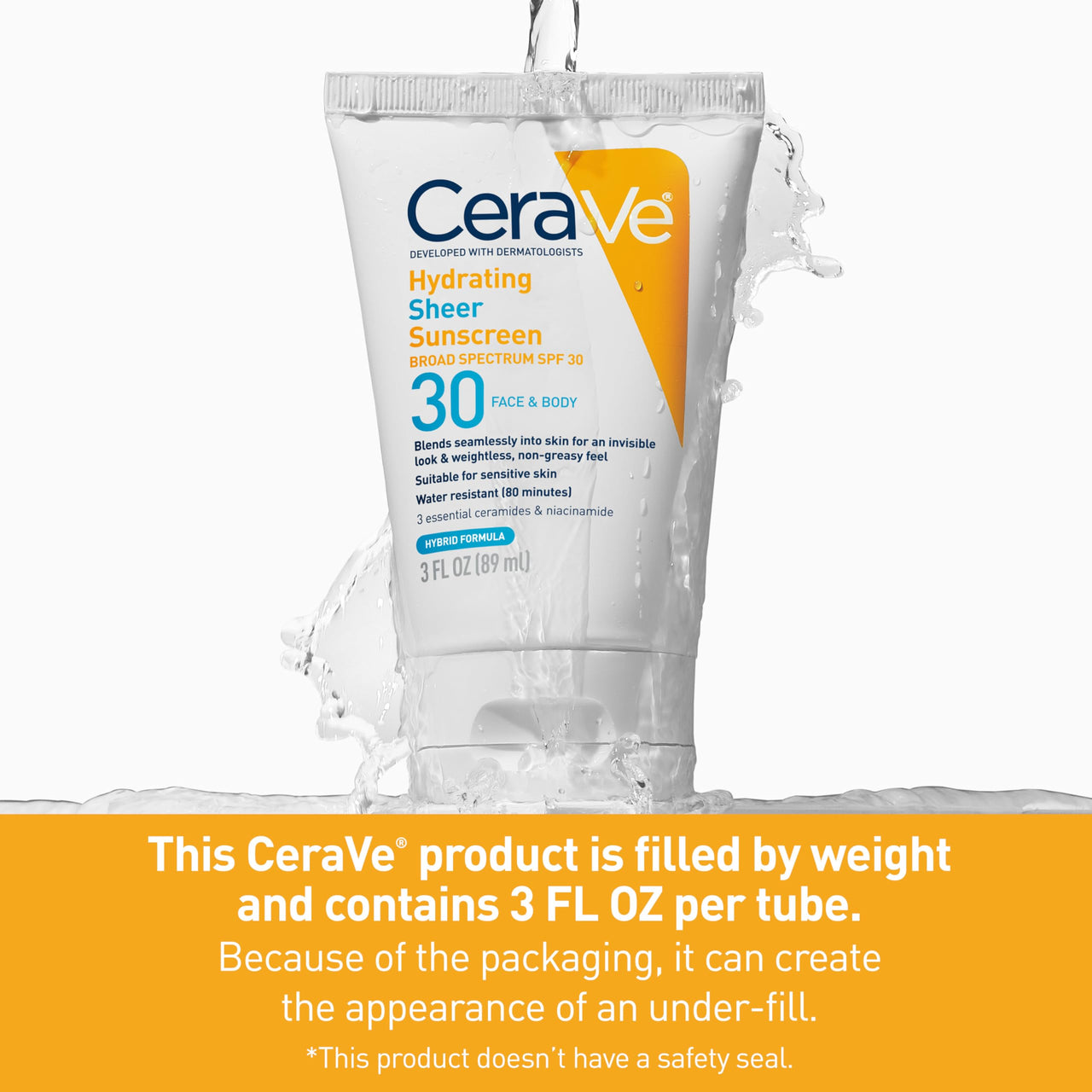CeraVe Hydrating Sheer Sunscreen SPF 30 for Face and Body, Mineral & Chemical Sunscreen with Zinc Oxide, Hyaluronic Acid, Niacinamides and Ceramides, Paraben Free Fragrance Free, 3 Ounces