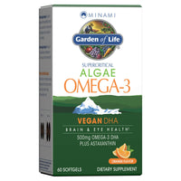 Thumbnail for Garden of Life Minami Algae Omega 3 Vegan DHA for Brain and Eye Health - Orange Flavor, 500mg Plant Based DHA Omega-3 Vegan Algae Oil plus Astaxanthin, No aftertaste, 60 easy-to-swallow Mini Softgels
